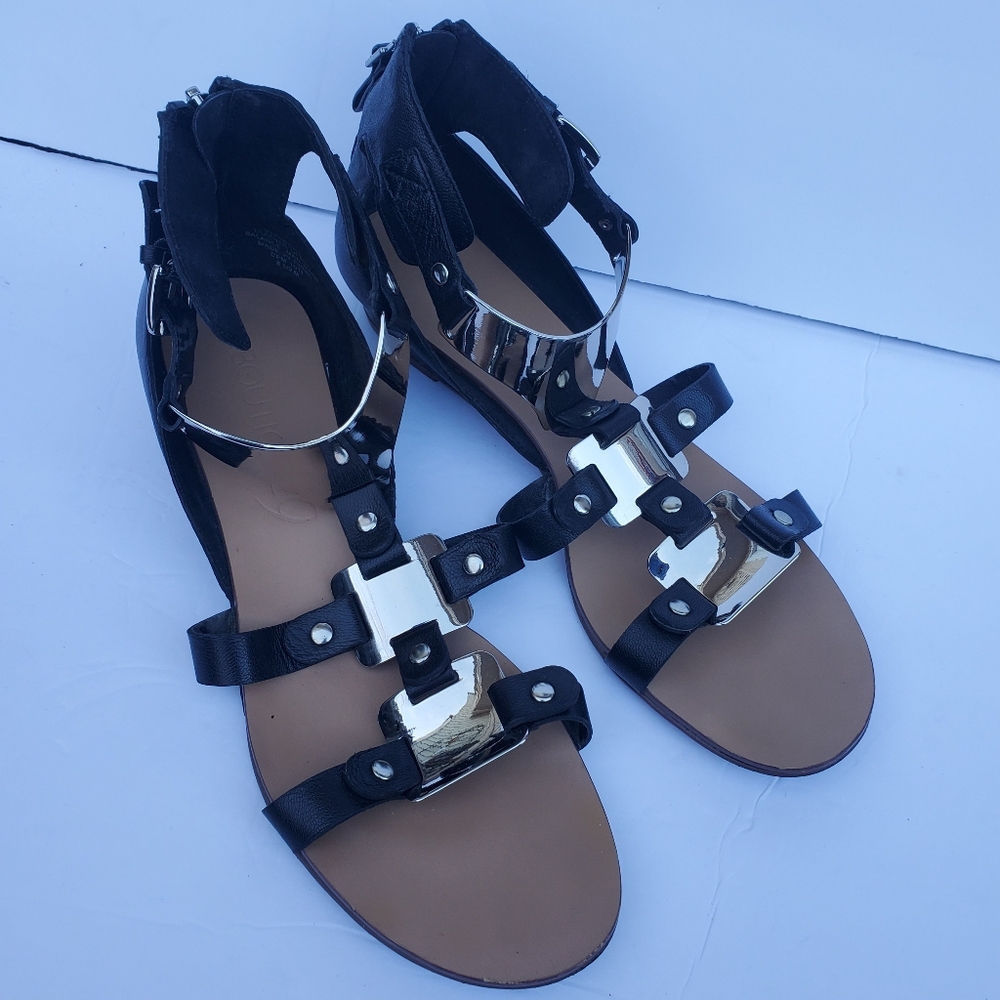 Boutique9 Porsha Women's Sandal Black Silver Metal Gladiator Flat T-strap 8.5 M
